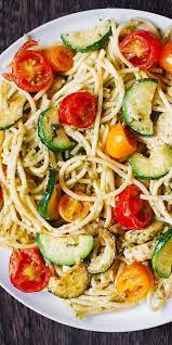 Parmesan Zucchini Tomato Chicken Spaghetti Toss With Basil Pesto Chicken Zucchini Recipes Zucchini Pasta Recipes Pasta With Zucchini And Tomatoes