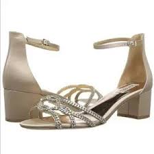 Badgley Mischka Women's Sonya Nude Satin Jeweled Block Heeled Sandals Heels  10