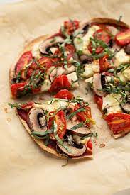 Personal Tortilla Pizza With Homemade Mozzarella Mushrooms Tomatoes Basil Vegan Recipe Weight Watcher Pizza Recipe Tortilla Pizza Healthy Pizza Recipes