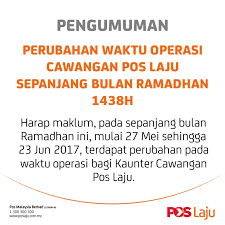 Boleh pergi ke pejabat pos besar atau pejabat pos cawangan. Pos Malaysia Berhad On Twitter Pengumuman Perubahan Waktu Operasi Cawangan Pos Laju Sepanjang Bulan Ramadhan 1438h Https T Co T7wwseuqyh