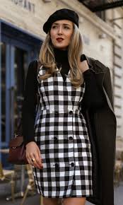 Day 4 Sunday Brunch Black White Double Breasted Checkered Pinafore Dress Black Long Sleeve Turtle Gingham Fashion Long Dress Outfits Sunday Brunch Dress