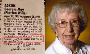 Minnesota woman, 93, leaves obituary telling mourners: 'In lieu of flowers,  do not vote for Trump'