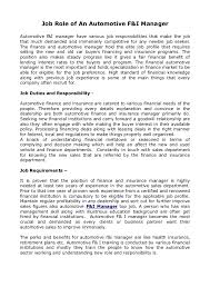 Contact via email, phone and website. Job Role Of An Automotive F I Manager