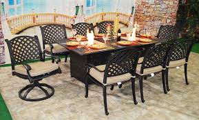 Luxury Propane Fire Pit Rectangle Outdoor Dining Set 9 Piece Cast Aluminum Patio Nas Cast Aluminum Patio Furniture Outdoor Dining Set Aluminum Patio Furniture
