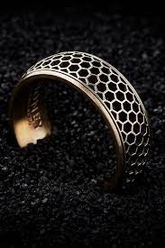 Thick Wedding Bands For Men Unique Men S Wedding Ring With Gold Honeycomb Pattern Rings For Men Unique Mens Rings Mens Wedding Bands Unique