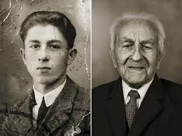 On the left, Antonin Baldrman is pictured at 17 years old. On the right, he  is 101 years old.