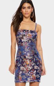 Blue Printed Oriental Satin Bodycon Dress Dresses Satin Bodycon Dress Cheap Dresses
