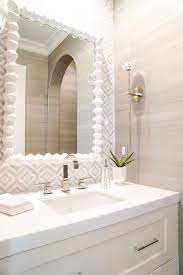 Grasscloth Wallpaper In The Powder Bathroom Unique White Vanity Mirror Coastal Vibes Light And Br Mirror Wall Bathroom Bathroom Wall Tile Bright Bathroom