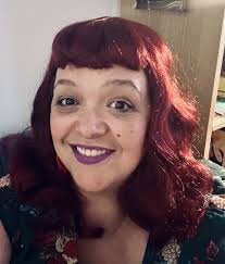 Cherry red pin-up style wig with long marcel waves: Sandra