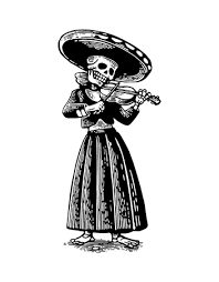 Day Of The Dead, Dia De Los Muertos. The Skeleton In The Mexican Woman  National Costumes Sing And Play The Violin. Vector Hand Drawn Vintage  Engraving For Poster, Label. Isolated On White