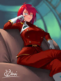 obui, grandis granva, fushigi no umi no nadia, white footwear, commentary  request, highres, 1girl, ahoge, belt, buttons, closed mouth, couch, crossed  legs, double-breasted, emblem, gloves, green eyes, hand on own cheek, hand  on own face, indoors, long ...