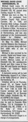 Obituary for MICHAEL DAVID LEASE, 1978-2002 (Aged 24)