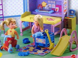 Bed unit, chair, book shelf unit, slide, tricycle, rug, keyboard, computer, toy trunk, & toy accessories included playset items are pretend & intended for kelly & 4.5 fashion size dolls; Amazon Com Barbie All Around Home Kelly Bedroom Playset W 2 Sides 2001 Toys Games Baby Barbie Baby Dolls For Kids Barbie