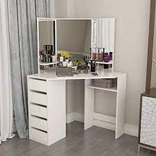 Corner Vanity Table White Makeup Desk With Three Fold Mirror And 5 Drawers Wooden Bedroom Dressing Table Corner Vanity Table White Vanity Desk Corner Vanity