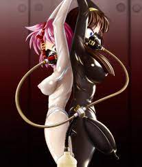tamakko, original, highres, 2girls, asphyxiation, bdsm, blue eyes,  bodysuit, bondage, bound, brown hair, covered erect nipples, gloves, green  eyes, latex, long hair, mask, multiple girls, pink hair, pump, short hair,  tube -
