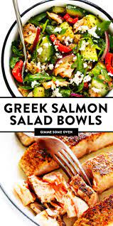 These Greek Salmon Salad Bowls Are Loaded Up With Cucumber Bell Pepper Onion Avocado Feta Cheese Arugula And Salad Bowl Recipes Salmon Salad Dinner Bowls