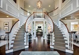 Double Stairs Foyer Dramatic Two Story Foyer With Elegant Curved Staircases Staircase Design Foyer Design House