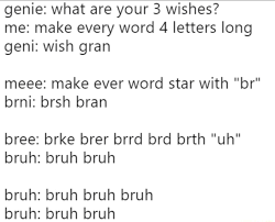 The body of the letter should make the case that you're a good candidate for the job; Genie What Are Your 3 Wishes Me Make Every Word 4 Letters Long Geni Wish Gran Meee Make Ever Word Star With Br Brni Brsh Bran Bree Brke Brer Brrd Brd Brth