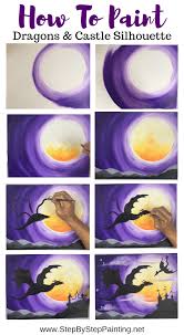 How To Paint A Dragon Castle Silhouette Silhouette Painting Painting Tutorial Castle Silhouette