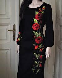 Hand Embroidered Cotton Dress With Poppies Midi Black Dress Dress With Embroidery Long Sleeved D Kurti Embroidery Design Embroidered Clothes Embroidery Fashion