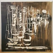 MCM Nautical Boat Oil Painting Signed Etta Benjamin Cien Ship Harbor Mid  Century