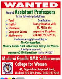 Wherein curricular activities comprise academic and scholastic activities. Madurai Gandi Nmr Subbaraman College For Women Madurai Tamil Nadu Wanted Assistant Professors Faculty Teachers