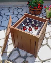 Diy Outdoor Side Table With Cooler Easy Unique Saws On Skates In 2020 Diy Patio Table Diy Outdoor Diy Outdoor Table