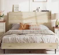 LINSY Cadre de lit plateforme en bois avec tête de lit ergonomique, étagère  de rangement, montage facile en 45 minutes, silencieux, pas besoin de ...