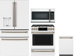 Ge's café series, which launched in august, stands out for a different reason—the white appliances are matte. Cafe Cafreradwmw983 4 Piece Kitchen Appliances Package With French Door Refrigerator Dual Fuel Range Dishwasher And Over The Range Microwave In Matte White