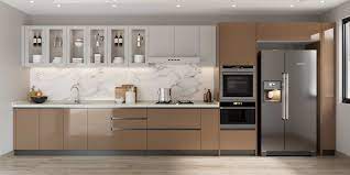 A single wall cabinet is lifted into position, leveled, and screwed a basic single cabinet installation: Simple Brown Acrylic Single Wall Kitchen Cabinet Plcc20217
