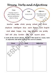 For example, a noun beauty can be written as beautiful in adjective form beautifully in adverb form and beautify in the verb form. Noun Verb And Adjective Worksheet Esl Worksheet By Ilana75