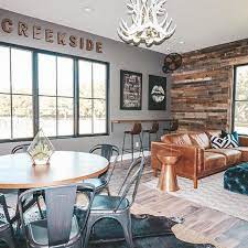Game Room For Modern Farmhouse With Wood Wall Modern Rustic Living Room Rustic Living Room Design Rustic Living Room