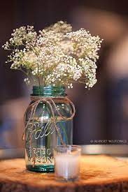 Mason Jar Twine Baby S Breath And Tree Stump As Centerpiece Wedding Centerpieces Mason Jars Bridal Shower Centerpieces Mason Jar Wedding