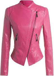 Women Slim Trendy Faux Leather Zip Up Power Shoulder Bomber Moto Jacket Hot Pink At Amazon Women Womens Jackets Casual Jackets For Women Leather Jackets Women