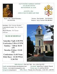 MASS SCHEDULE Saturday Vigil: 4:30 PM Confession 3:30-4:15 PM Sunday: 7:00  & 10:30 AM Tuesday-Friday: 12:10 PM Confessions