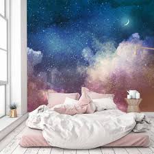 Removable Wallpaper Mural Peel Stick Watercolor Universe Filled With Stars And Moon Wallpaper Bedroom Wall Murals Bedroom Room Wallpaper