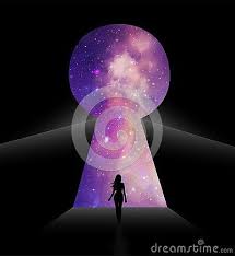 Star Gate Portal Into Universe And A Woman Silhouette Walking Through A Door Way Keyhole Concept For Endin Illustration Vector Illustration Woman Silhouette
