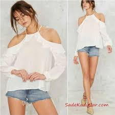 2019 Sort Kombinleri Mavi Kot Sort Beyaz Boyundan Askili Dusuk Uzun Kol Omuz Dekolteli Bluz Gold Babet Ayakkabi Kot Sort Moda Stilleri Sort