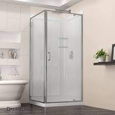Dreamline Slimline 32 Inch X 32 Inch Single Threshold Shower Kit Base In White Center Drain Base With Back Wall Corner Shower Kits Shower Enclosure Shower Kits