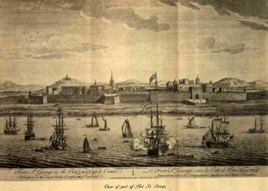 This painting on canvas depicts Fort St. George, the first English fortress established in India. It was constructed on 23 April 1644, as a part of St. George's Day, which honours the