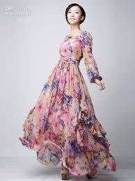 Pink Floral Printed Long Sleeves Chiffon Jewel Neck Maxi Dress Party Dresses For Women U5 163i Dresses For Woman Casual Evening Dresses From Flyingday99 80 4 Maxi Dress With Sleeves Floral Maxi