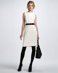 Belted Sheath Dress Ecru Neiman Marcus White Dress Winter Sheath Dress Outfit White Dress Black Tights
