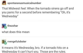 Spontaneousmusicalnumber That Midwest Feel When The Tornado Sirens Go Off And You Panic For A Second Before Remembering Oh It S Wednesday Thezohar What Does This Mean Rvengefulobster It Means