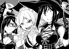 takano hitomi, hitomi-chan wa hitomishiri, highres, official art, 3girls,  breasts, cleavage, fingernails, greyscale, halloween, hat, large breasts,  monochrome, multiple girls, sharp fingernails, witch hat - Image View - |  Gelbooru - Free