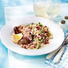 For the couscous salad, heat the oil in a pan and add the red onion and pepper. Lamb Fillet With Chickpea And Pomegranate Couscous And Harissa Dressing Dinner Recipes Woman Home