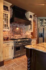 Country Kitchen With Accent Brick Backsplash Farmhouse Kitchen Backsplash Rustic Kitchen Rustic Kitchen Cabinets