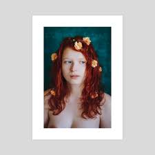 portrait of a naked redhead girl with flowers in her hair , an art print by  Kseniya Lokotko - INPRNT