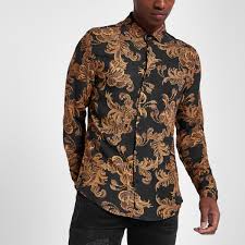 Black And Gold Clothes Men Black And Gold Baroque Print Slim Fit Shirt Long Sleeve Shirts Shirts Men Slim Fit Shirt Shirts Long Sleeve Shirt Men