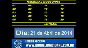 Del 1 al 20 el tablero se llena y 1, 2, 3 y 4 cifras pueden gritar fortuna. Quiniela Nacional Nocturna Lunes 21 De Abril De 2014 Quiniela Loteria Nacional Loteria