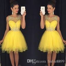 Round Neck Beading Short Prom Dresses Yellow Shining Homecoming Dresses With Beads Crys Homecoming Dresses Sparkly Yellow Homecoming Dresses Beaded Party Dress